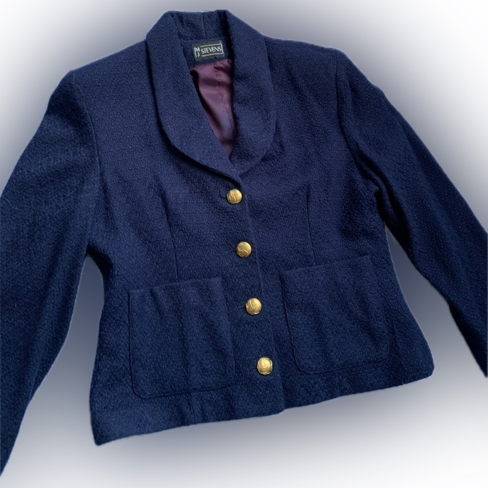 MJ STEVENS Navy acrylic Blazer with gold buttons, lined, size 12